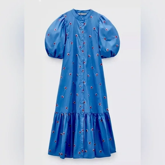 Zara Blue Flora Embroidered Ruffled Puff Sleeve Maxi Dress - Picture 2 of 12